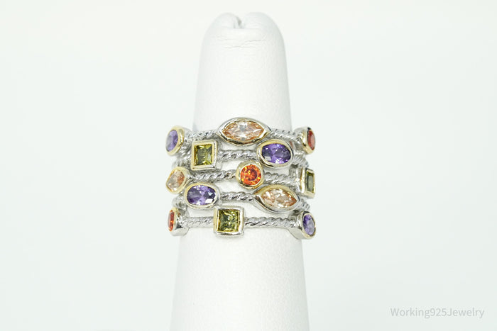 Multi Gemstone Gold Vermeil & Sterling Silver Cable Band Confetti Ring - Size 6.25
