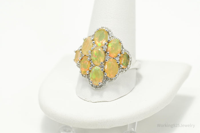 Opal & White Zircon Rhodium Sterling Silver Cocktail Ring Size 11.75