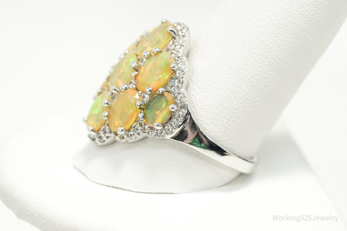 Opal & White Zircon Rhodium Sterling Silver Cocktail Ring Size 11.75