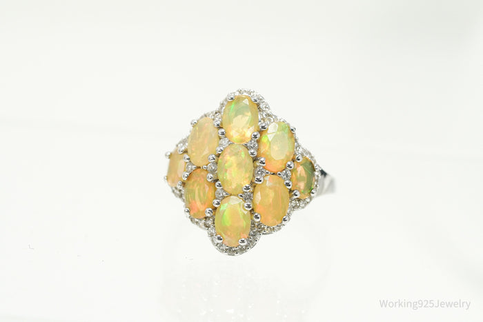 Opal & White Zircon Rhodium Sterling Silver Cocktail Ring Size 11.75