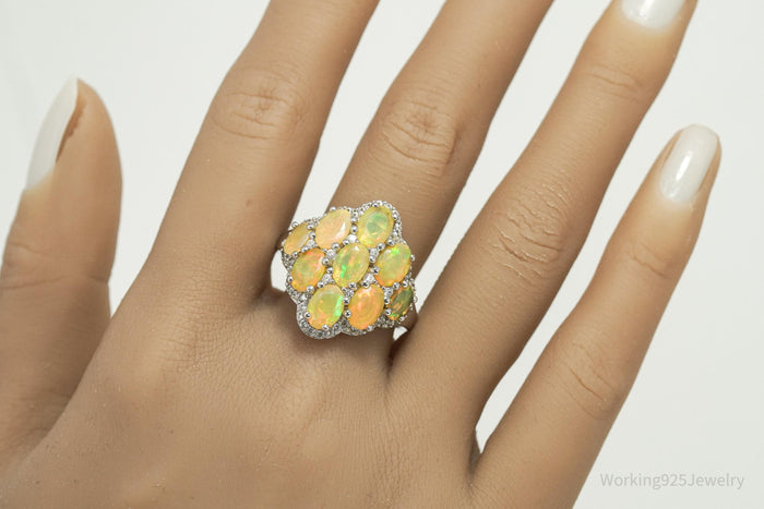 Opal & White Zircon Rhodium Sterling Silver Cocktail Ring Size 11.75