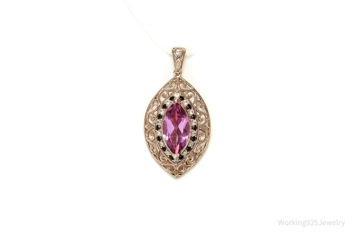 Pink Topaz Black Spinel Cubic Zirconia Rose Gold Vermeil Sterling Silver Necklace Pendant