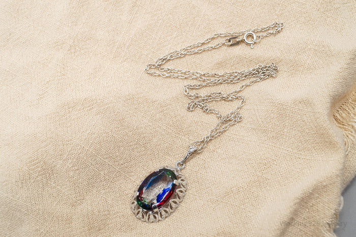 Rare Antique German Iris Glass 835 Silver Chain Necklace 18"