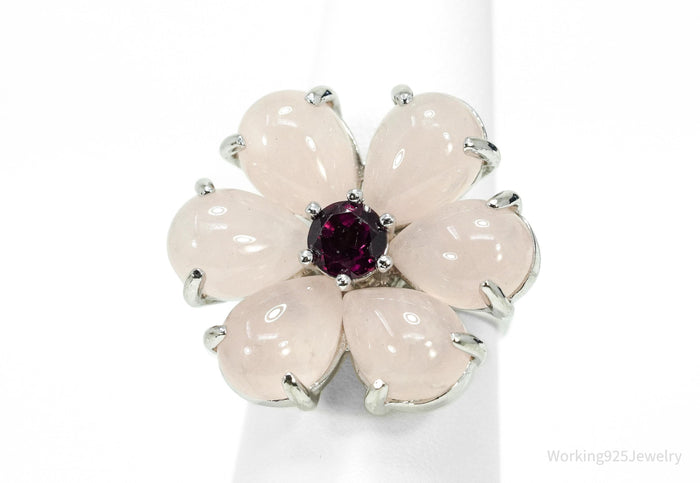 Rose Quartz & Rhodolite Garnet Sterling Silver Flower Ring - Size 7