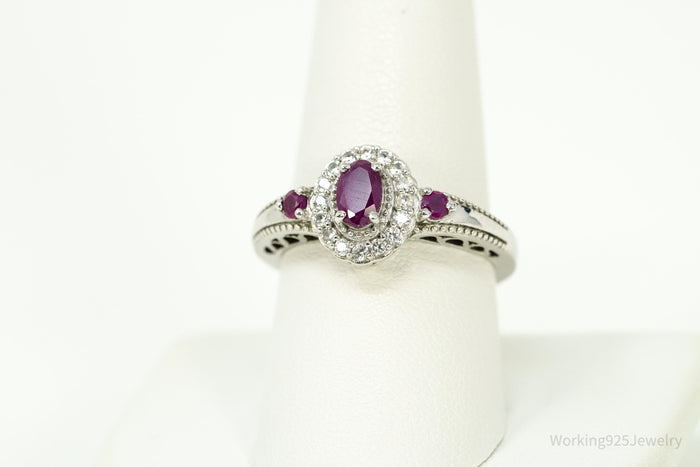 Ruby & White Zircon Sterling Silver Ring - Size 8.75