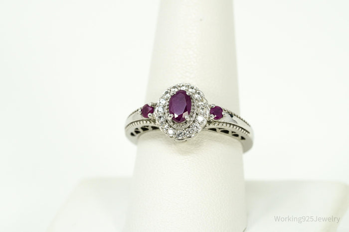Ruby & White Zircon Sterling Silver Ring - Size 8.75