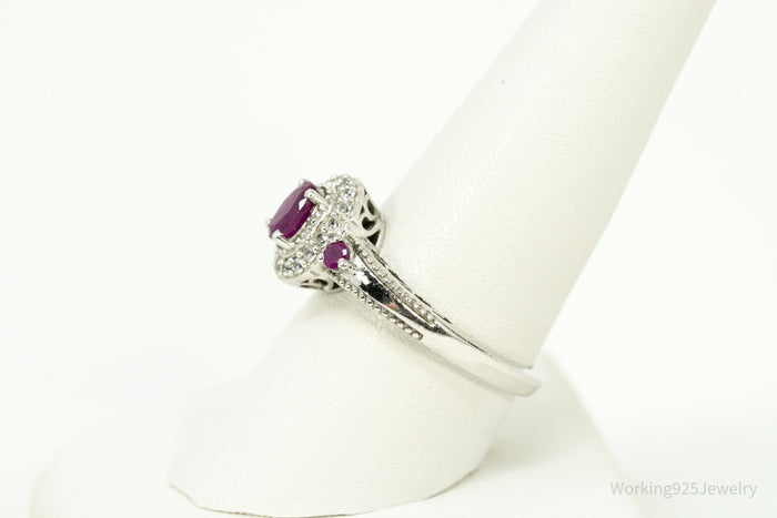 Ruby & White Zircon Sterling Silver Ring - Size 8.75