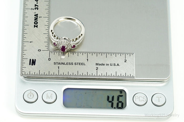 Ruby & White Zircon Sterling Silver Ring - Size 8.75