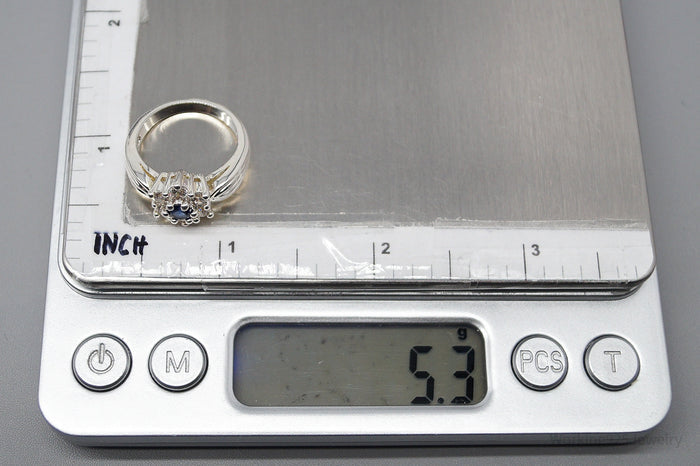Sapphire & Cubic Zirconia Rhodium Plated Sterling Silver Ring - Size 6