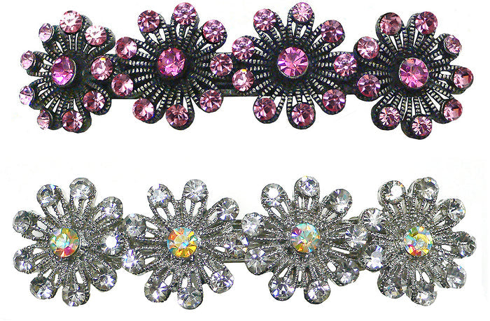 Set of 2 Crystal Barrettes Design of 4 Flower 2 Colors or Pair of Same Color #5A86550-1