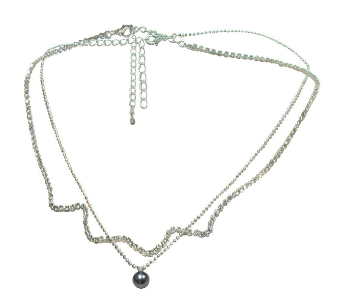Set of 2 for a Layer Look 1 Wavy Crystal Chain + 2nd Chain w. Fashion Tahiti Pearl Pendant