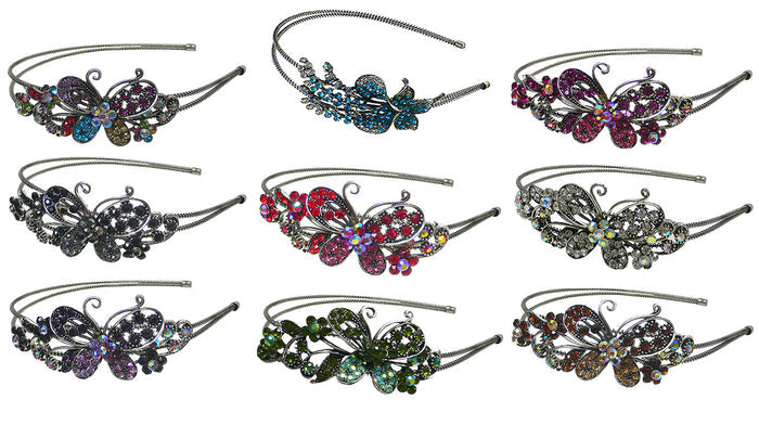Set of 9 Crystal Butterfly Headbands Double Metal Wire Hairbands U86121-0124-9