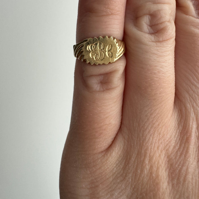 V I N T A G E // "EBG" OR "EBC" / 14k yellow gold tiny signet / baby child midi pinky ring / size 1.25-1.5