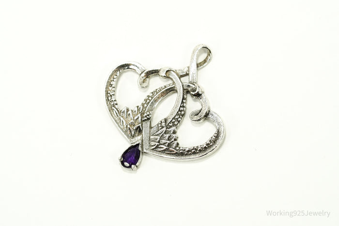 Vintage 1893 GRADH Franklin Mint Double Heart Amethyst Sterling Silver Pendant