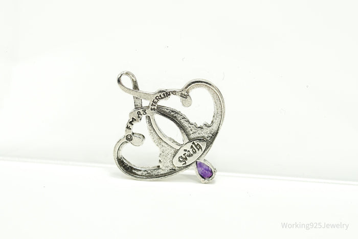Vintage 1893 GRADH Franklin Mint Double Heart Amethyst Sterling Silver Pendant