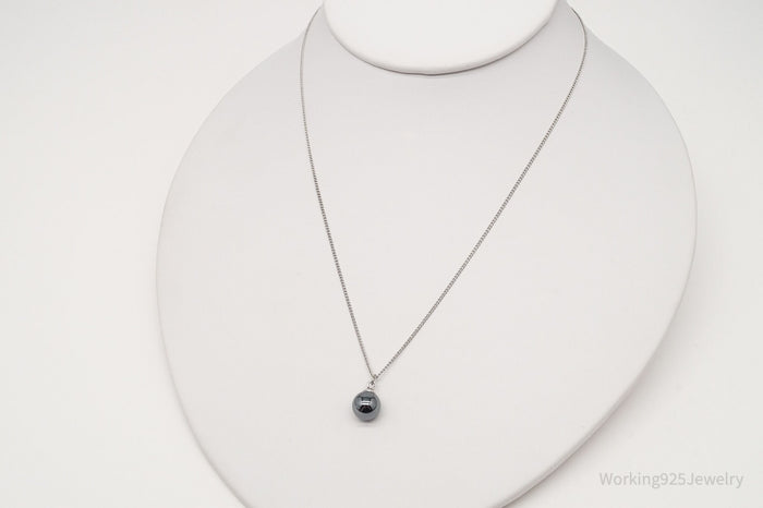 Vintage 1970s Hematite Sphere Sterling Silver Necklace 16"
