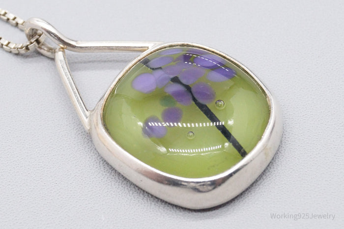 Vintage Abstract Glass Sterling Silver Necklace 17"