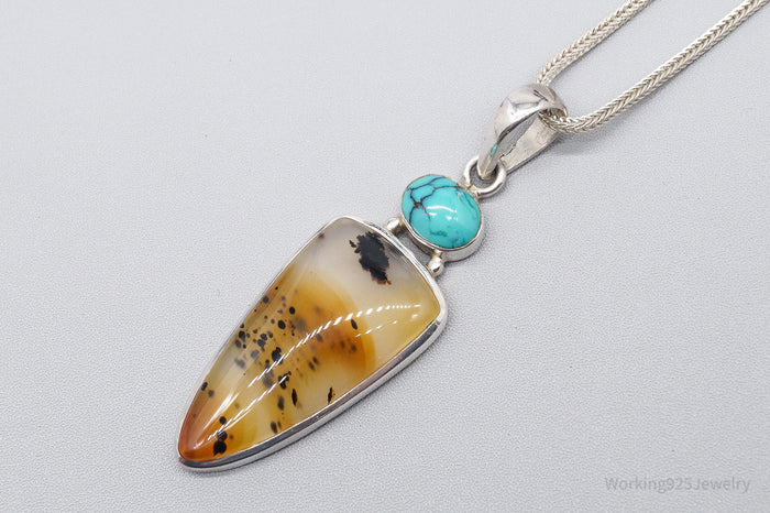 Vintage Agate & Turquoise Sterling Silver Necklace 30"