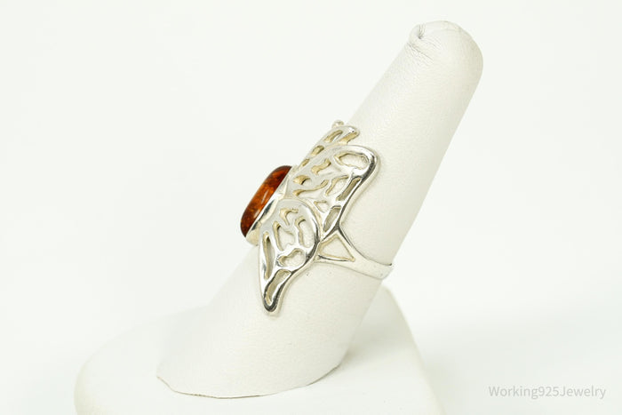 Vintage Amber Butterfly Sterling Silver Ring - Size 7.5
