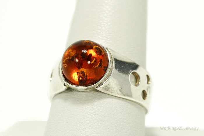 Vintage Amber Modernist Style Sterling Silver Ring - Size 10