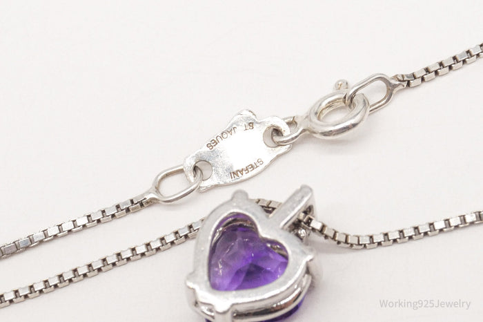 Vintage Amethyst Diamond Sterling Silver Heart Necklace 18"