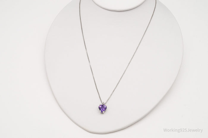 Vintage Amethyst Diamond Sterling Silver Heart Necklace 18"
