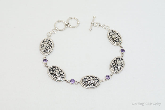 Vintage Amethyst Filigree Scroll Style Sterling Silver Bracelet