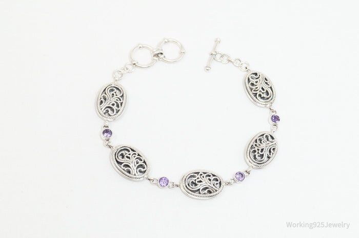 Vintage Amethyst Filigree Scroll Style Sterling Silver Bracelet