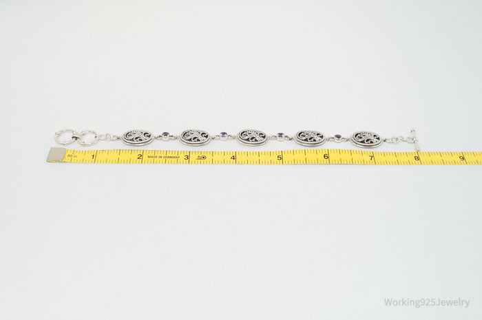 Vintage Amethyst Filigree Scroll Style Sterling Silver Bracelet