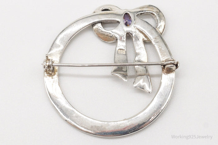 Vintage Amethyst Marcasite Bow Tie Wreath Sterling Silver Brooch Pin