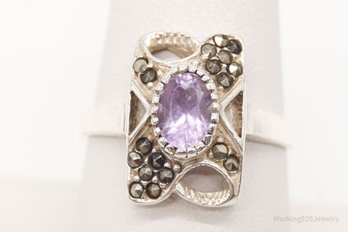 Vintage Amethyst Marcasite Sterling Silver Ring - Size 8.75