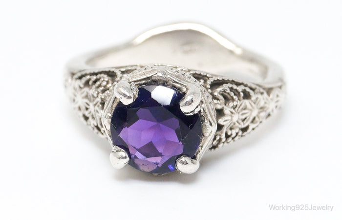 Vintage Amethyst Ornate Sterling Silver Ring - Size 6.25