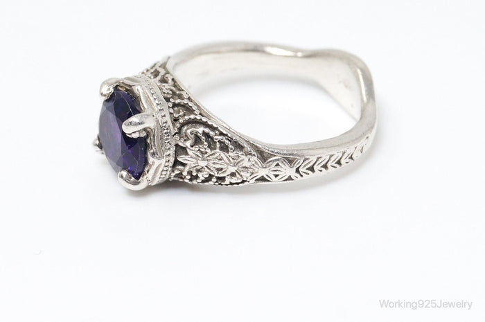 Vintage Amethyst Ornate Sterling Silver Ring - Size 6.25