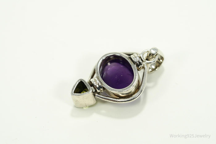 Vintage Amethyst Peridot Sterling Silver Bali Style Necklace Pendant