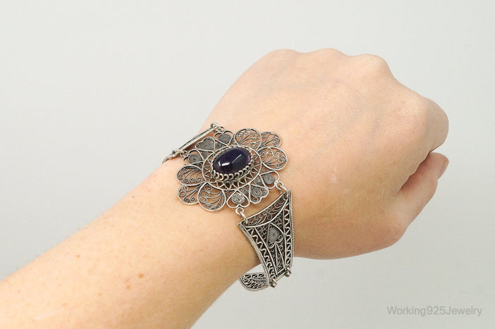 Vintage Amethyst Sterling Silver Intricate Filigree Bracelet