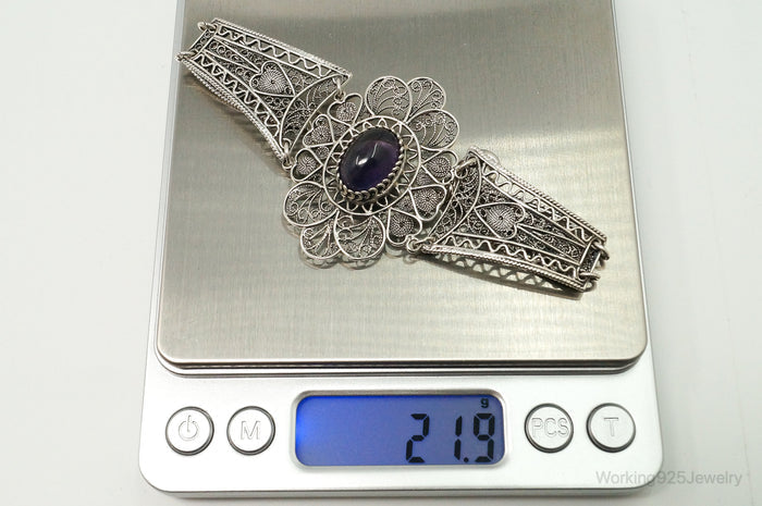 Vintage Amethyst Sterling Silver Intricate Filigree Bracelet