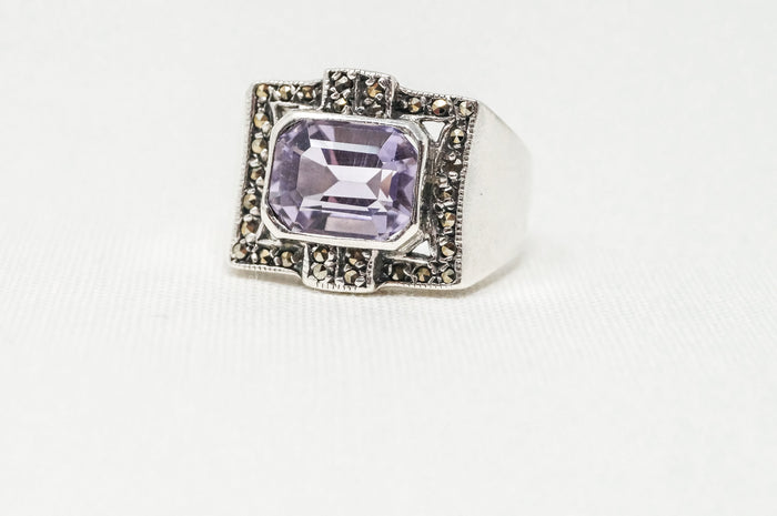 Vintage Art Deco Amethyst Marcasite Sterling Silver Ring - Sz 6 - 798977057