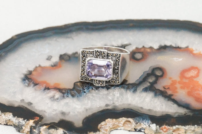 Vintage Art Deco Amethyst Marcasite Sterling Silver Ring - Sz 6 - 798977057