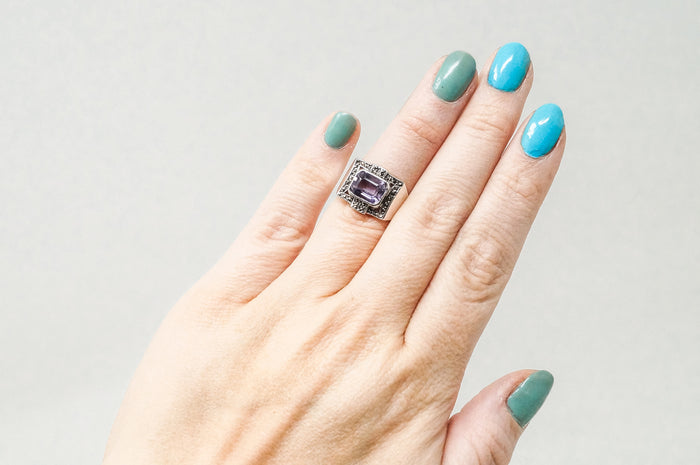Vintage Art Deco Amethyst Marcasite Sterling Silver Ring - Sz 6 - 798977057