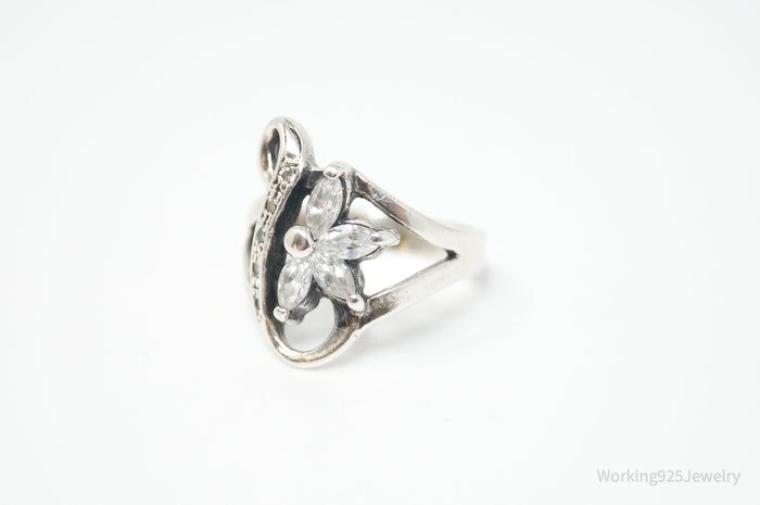 Vintage Art Deco Cubic Zirconia Floral Sterling Silver Ring - Sz 5.75