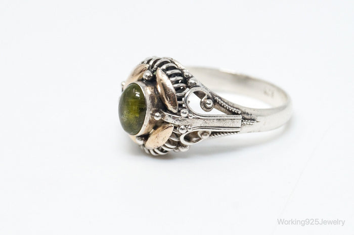 Vintage Bali Style Peridot Brass Sterling Silver Ring - Size 7.75