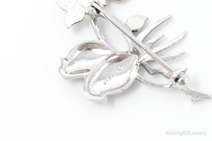 Vintage Birds On Branch Pink Gemstones Hematite Sterling Silver Pin Brooch