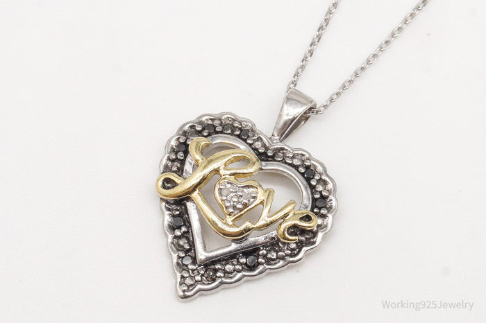 Vintage Black & White Diamond Heart Gold Over "Love" Sterling Silver Necklace 18"