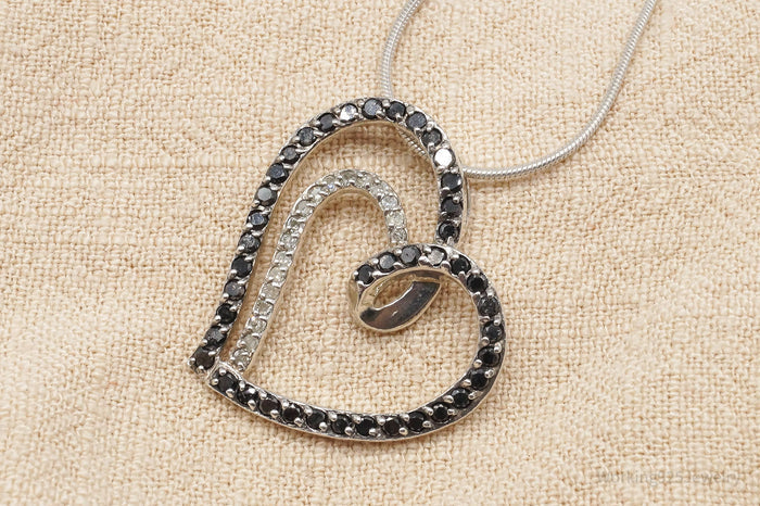 Vintage Black & White Diamond Heart Sterling Silver Necklace 24"
