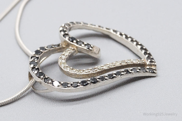Vintage Black & White Diamond Heart Sterling Silver Necklace 24"