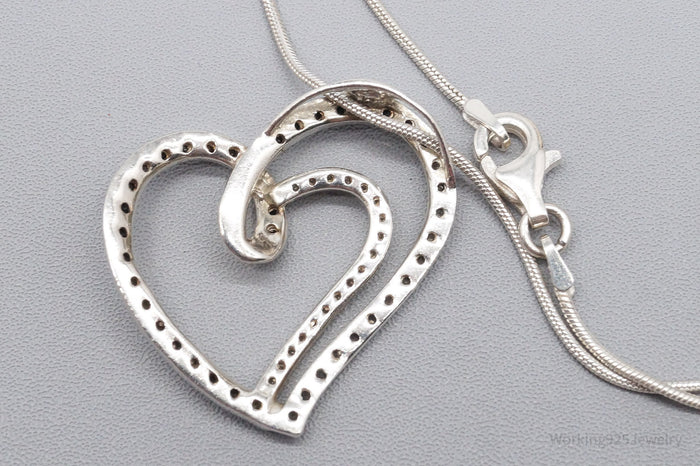 Vintage Black & White Diamond Heart Sterling Silver Necklace 24"