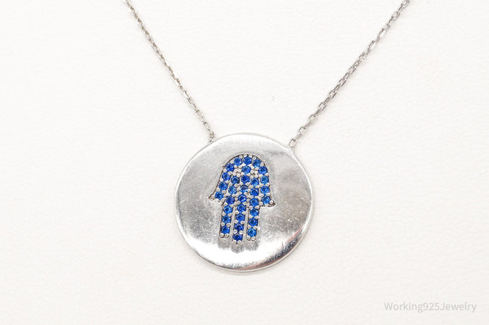 Vintage Blue Cubic Zirconia Hamsa Hand Sterling Silver Necklace