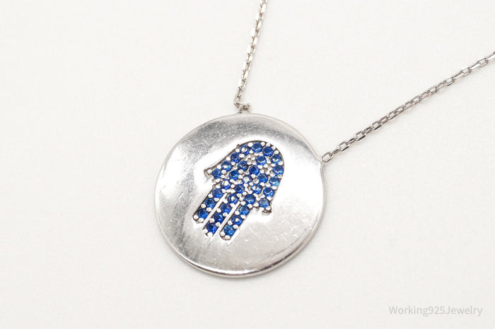 Vintage Blue Cubic Zirconia Hamsa Hand Sterling Silver Necklace