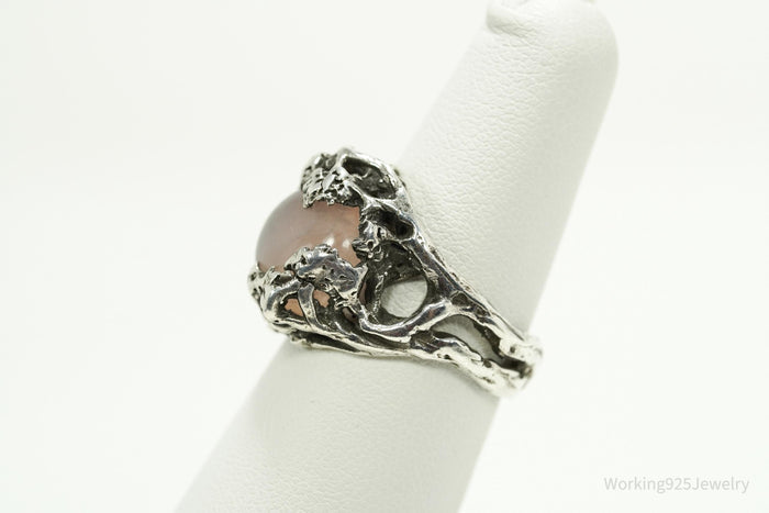 Vintage Brutalist Rose Quartz Sterling Silver Ring - Size 6.5
