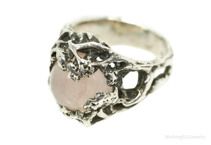 Vintage Brutalist Rose Quartz Sterling Silver Ring - Size 6.5
